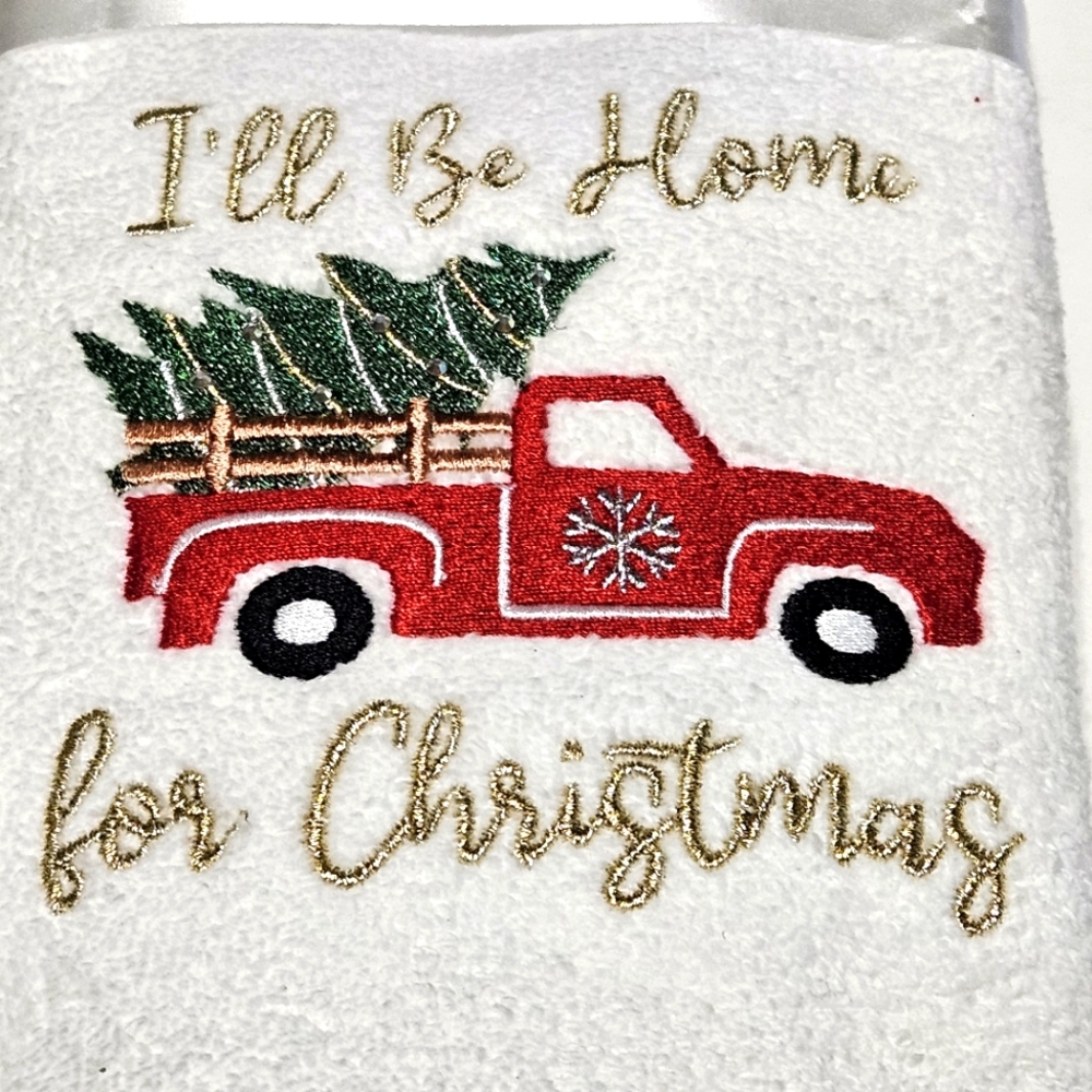 2 Embroidered RED TRUCK  towels bath kitchen guest tea